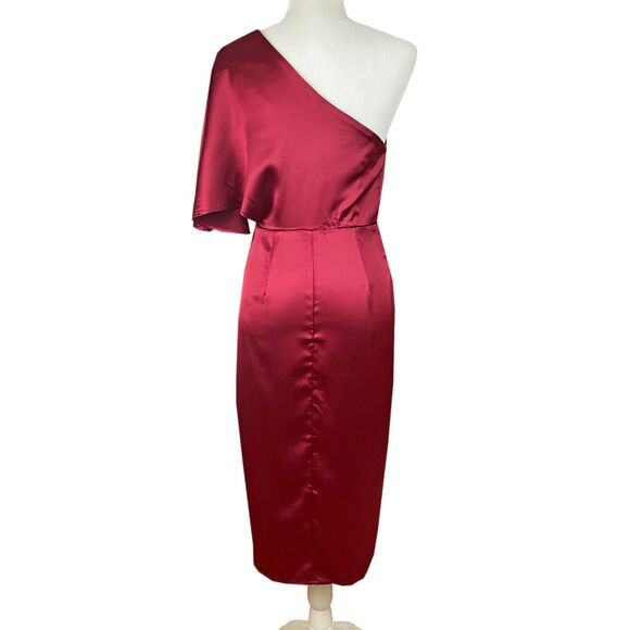 Cupshe Ramla 1-Shoulder Sheath Dress Size S Burgundy Satin Tulip Hem Pleated NWT - Picture 4 of 8